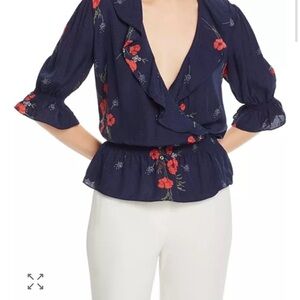 Joie Navy Blouse with Red Floral Accents